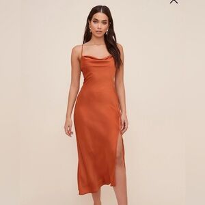 ASTR The Label Gaia Orange Rust Cowl Neck Satin Midi Slip‎ Dress Sz M Revolve